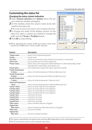 Page 16419
Customizing the status list
Changing the status column indication
1  Select Column selection from System menu. The col-
umn selection window will appear.
2  
On the window, check the column name to be indi-
cated on the status list.
0  
The mark [*] next to the column name indicates alert item.
3  
To change the order of the display column on the 
status list, select a column you intend to change the 
order and click To up or To down button.
4 Click OK to close setting.
0  When specifying the column...