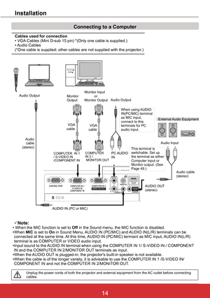 Page 2014ViewSonic PJL6243
14
Connecting to a Computer
Unplug the power cords of both the projector and external equipment from the AC outlet before connecting cables.
Note:• When the MIC function is set to Off in the Sound menu, the MIC function is disabled.•When MIC is set to On in Sound Menu, AUDIO IN (PC/MIC) and AUDIO IN(L/R) terminals can be connected at the same time. At this time, AUDIO IN (PC/MIC) termianl as MIC input, AUDIO IN(L/R) terminal is as COMPUTER or VIDEO audio input.• Input sound to the...