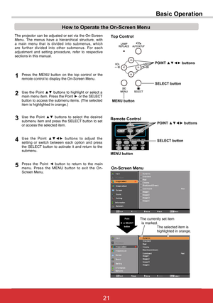 Page 2721ViewSonic PJL6243
21
How to Operate the On-Screen Menu
The projector can be adjusted or set via the On-Screen Menu. The menus have a hierarchical structure, with a main menu that is divided into submenus, which are further divided into other submenus. For each adjustment and setting procedure, refer to respective sections in this manual.
Use the Point ▲▼ buttons to highlight or select a main menu item. Press the Point ► or the SELECT button to access the submenu items. (The selected item is highlighted...