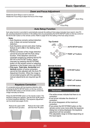 Page 2923ViewSonic PJL6243
23
Basic Operation
Rotate the Zoom Ring to zoom in and out.  Rotate the Focus Ring to adjust the focus of the image.  
Zoom	and	Focus	Adjustment
If a projected picture still has keystone distortion after pressing the AUTO SETUP button on the top control or the AUTO SET button on the remote control, correct the image manually as follows:
Press the KEYSTONE button on the remote control. The Keystone dialog box appears. Use the Point ▲▼ buttons to correct keystone distortion. The...