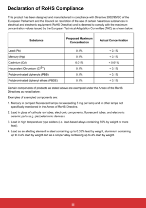 Page 4iiiViewSonic PJL6243
iii
This product has been designed and manufactured in compliance with Directive 2002/95/EC of the 
European Parliament and the Council on restriction of the use of certain hazardous substances in 
electrical and electronic equipment (RoHS Directive) and is deemed to comply with the maximum 
concentration values issued by the European Technical Adaptation Committee (TAC) as shown below: 
SubstanceProposed Maximum 
ConcentrationActual Concentration
Lead (Pb)0.1%< 0.1%
Mercury...