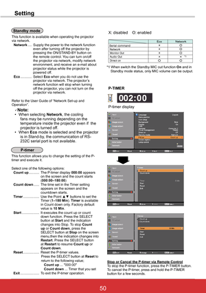 Page 5650ViewSonic PJL6243
50
Standby mode
This function is available when operating the projector via network. Network .... Supply the power to the network function even after turning off the projector by pressing the ON/STAND-BY button on the remote control. You can turn on/off the projector via network, modify network environment, and receive an e-mail about projector status while the projector is powered off. Eco ............ Select Eco when you do not use the projector via network. The projector’s network...