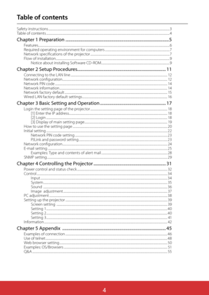 Page 90ViewSonic PJL62434
4
Safety instructions ........................................................................\
.............................................................................................3Table of contents ........................................................................\
................................................................................................4
Chapter 1 Preparation  ........................................................................\...