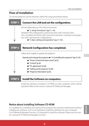 Page 95ENGLISH
 
ViewSonic PJL62439
9
Flow of installation
Flow of installation
To use the projector via the networks, follow the setup procedures below.
STEP 1Connect the LAN and set the configuration.
STEP 2Network Configuration has completed.
Decide depending on the LAN environment.
	* “2. Setup Procedures” (pp.11–16).
Detailed LAN configurations need to be done with a browser later.
First, complete the Wired LAN connection between computers and projec-
tors, then start browser configurations.
	* “3. Basic...