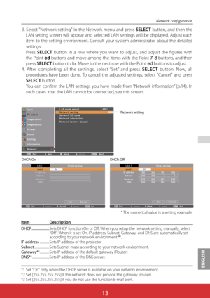 Page 99ENGLISH
ViewSonic PJL624313
13
 
Network configuration
*1 Set "On" only when the DHCP server is available on your network environment.*2 Set [255.255.255.255] if the network does not provide the gateway (router).*3 Set [255.255.255.255] if you do not use the function E-mail alert.
3. Select "Network setting" in the Network menu and press SELECT button, and then the 
LAN setting screen will appear and selected LAN settings will be displayed. Adjust each 
item to the setting environment....