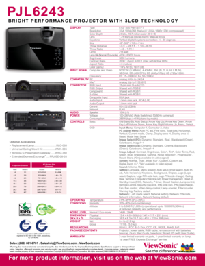 Page 2DISPLAY Type  0.63" (x3) Poly-Si TFT
  Resolution  XGA 1024x768 (Native) / UXGA 1600×1200 (compressed)
  Color Depth  24 bits, 16.7 million color (8+8+8)
  Lens  1.2× Manual optical zoom / Manual focus
  Keystone  Vertical digital keystone correction: +/– 30 degrees
  Size  40"–300" / 1.0m–7.6m
  Throw Distance  3.6 ft. – 28.5 ft. / 1.1m – 8.7m
  Throw Ratio  1.43 – 1.72:1
  Lamp  215 watt
  Lamp Life (Normal / Eco-mode)  4 0 0 0   /   6 0 0 0
† hours
  Brightness  3000 Lumens
  Contrast...