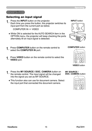 Page 20
PJL7211ViewSonic5

Operating
Operating
1.Press COMPUTER button on the remote control to 
select the COMPUTER IN port.
COMPUTER button
VIDEODOC.CAMERA
KEYSTONE
ASPECTSEARCHBLANK
MUTEMY BUTTON
POSITION
1 2
ESC
ENTER
MENU
RESET
COMPUTERMY SOURCE/
AUTO
MAGNIFYPAGE      UPVOLUME
DOWNo
ON
OFF
9×FREEZE
MY SOURCE /  DOC. CAMERA button1.Press the MY SOURCE / DOC. CAMERA button on 
the remote control. The input signal will be changed 
into the signal you set as MY SOURCE.
●   
This function also can use for...