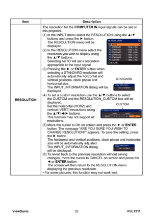 Page 37
PJL7211ViewSonic3

ItemDescription
RESOLUTION
The resolution for the COMPUTER IN input signals can be set on this projector.
(1)  In the INPUT menu select the RESOLUTION using the ▲/▼ 
buttons and press the ► button. The RESOLUTION menu will be  
displayed.
(2)   In the RESOLUTION menu select the 
resolution you wish to display using the ▲/▼ buttons.  Selecting AUTO will set a resolution appropriate to the input signal.
(3)   Pressing the ► or 
ENTER button when selecting a STANDARD resolution will...