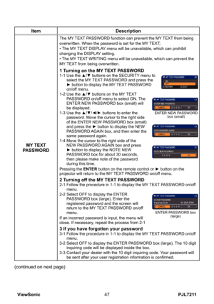 Page 52
PJL7211ViewSonic47

ItemDescription
MY TEXT PASSWORD
The MY TEXT PASSWORD function can prevent the MY TEXT from being overwritten. When the password is set for the MY TEXT;• The MY TEXT DISPLAY menu will be unavailable, which can prohibit changing the DISPLAY setting.• The MY TEXT WRITING menu will be unavailable, which can prevent the MY TEXT from being overwritten.
1 Turning on the MY TEXT PASSWORD1-1  Use the ▲/▼ buttons on the SECURITY menu to select the MY TEXT PASSWORD and press the ► button to...