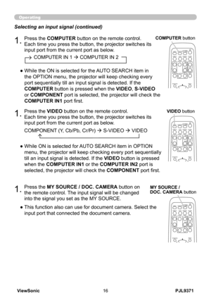 Page 21
PJL9371ViewSonic6

VIDEODOC.CAMERA
KEYSTONE
ASPECTSEARCHBLANK
MUTEMY BUTTON
POSITION
1 2
ESC
ENTER
MENU
RESET
COMPUTERMY SOURCE/
AUTO
MAGNIFYPAGE      UPVOLUME
DOWNo
ON
OFF
9×FREEZE

Operating
1.Press the VIDEO button on the remote control.  
Each time you press the button, the projector switches its 
input port from the current port as below.
Selecting an input signal (continued)
●  
While ON is selected for AUTO SEARCH item in OPTION 
menu, the projector will keep checking every port...