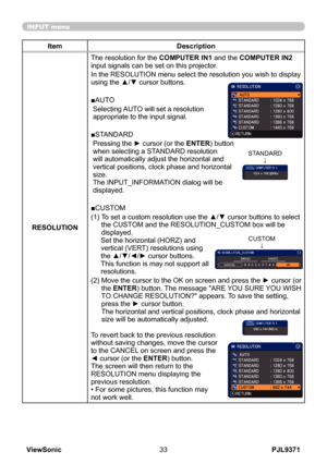 Page 38
PJL9371ViewSonic33

INPUT menu
ItemDescription
RESOLUTION
The resolution for the COMPUTER IN1 and the COMPUTER IN2 input signals can be set on this projector.
In the RESOLUTION menu select the resolution you wish to display 
using the ▲/▼ cursor buttons. 
■AUTO
  Selecting AUTO will set a resolution 
appropriate to the input signal.
■STANDARD
  Pressing the ► cursor (or the 
ENTER) button when selecting a STANDARD resolution will automatically adjust the horizontal and vertical positions, clock phase...