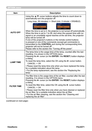 Page 48
PJL9371ViewSonic43

OPTION menu

ItemDescription
AUTO OFF
Using the ▲/▼ cursor buttons adjusts the time to count down to automatically turn the projector off.
Long (max. 99 minutes) ó Short (min. 0 minute = DISABLE)
When the time is set to 0, the projector is not turned off automatically.When the time is set to 1 to 99, and when the passed time with no-signal or an unsuitable signal reaches at the set time, the projector lamp will be turned off. If one of the projector's buttons or the remote...