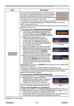 Page 55
PJL9371ViewSonic50

SECURITY menu

ItemDescription
TRANSITION DETECTOR
If this function is set to the ON when the vertical angle of the projector or the MIRROR setting at which the projector is turned on is different than the previously recorded, the TRANSITION DETECTOR ON alarm will be displayed and the projector will not display the input signal.
• To display the signal again, set this function to the OFF.• After about 5 minutes of displaying the TRANSITION DETECTOR ON alarm, the lamp will turn off.•...