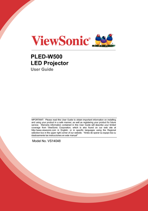 Page 1MPORTANT:  Please read this User Guide to obtain important information on installing 
and using your product in a safe manner, as well as registering your product for future 
service.  Warranty information contained in this User Guide will describe your limited 
coverage from ViewSonic Corporation, which is also found on our web site at 
KWWSZZZYLHZVRQLFFRP LQ (QJOLVK RU LQ VSHFL