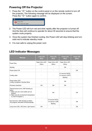 Page 1716
Powering Off the Projector
1. Press the “” button on the control panel or on the remote control to turn off 
the projector. The following message will be displayed on the screen. 
Press the “´EXWWRQDJDLQWRFRQ¿UP
2. The Power LED will turn red and blink rapidly after the projector is turned off. 
And the fans will continue to operate for about 30 seconds to ensure that the 
system cools properly.
 EOLQNLQJDQGWXUQ
solid red to indicate standby mode.
4. It is now safe to unplug the power...