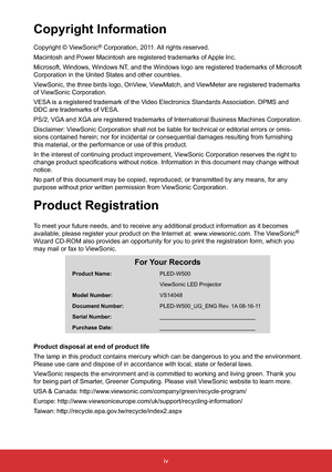 Page 5iv
Copyright Information
Copyright © ViewSonic® Corporation, 2011. All rights reserved.
Macintosh and Power Macintosh are registered trademarks of Apple Inc.
Microsoft, Windows, Windows NT, and the Windows logo are registered trademarks of Microsoft 
Corporation in the United States and other countries.
ViewSonic, the three birds logo, OnView, ViewMatch, and ViewMeter are registered trademarks 
of ViewSonic Corporation.
VESA is a registered trademark of the Video Electronics Standards Association. DPMS...