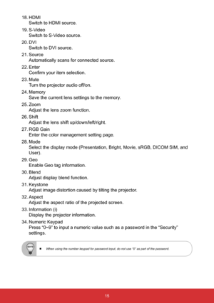 Page 1615
18. HDMI 
Switch to HDMI source.
19.  S-Video  
Switch to S-Video source.
20.  DVI 
Switch to DVI source.
21.  Source 
Automatically scans for connected source.
22.  Enter 
Confirm your item selection.
23.  Mute  
Turn the projector audio off/on.
24.  Memory 
Save the current lens settings to the memory.
25.  Zoom  
Adjust the lens zoom function.
26.  Shift 
Adjust the lens shift up/down/left/right.
27.  RGB Gain 
Enter the color management setting page.
28.  Mode  
Select the display mode...