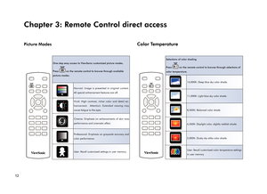 Page 1612
Chapter 3: Remote Control direct access
Picture Modes
One step easy access to ViewSonic customized picture modes.
Press 
 on the remote control to browse through available 
picture modes.
Normal: Image is presented in original content.  
All special enhancement features are off.
Vivid: High contrast, richer color and detail en-
hancement.  Attention: Extended viewing may 
cause fatigue to the eyes.
9Cinema: Emphasis on enhancements of skin tone 
performance and cinematic effect.
Professional: Emphasis...