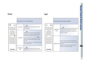 Page 23Remote Control direct access
19
ENG
Power
Power button to turn on or off the projector.
Power ONPress 
 on the remote control/top panel to 
turn on projector.
Power OFFPress 
 on the remote control/top panel, it 
would pop up a confirmation screen showing:
“Press Power Button Again to power off.”
Once this confirmation pops up, Press 
 on 
the remote control/top panel again to turn the 
power off.
After lamp cooling cycle is completed, the unit will 
enter Stand-By mode.
Cancel Power 
OFFPress 
 on the...