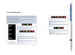 Page 31ADVANCED OPERATION
27
ENG
2-2-4 Noise Reduction
HQV technology reduces the irrelevant or noise data (Minimum loss of good data) from 
signal and creates better viewing quality. 
Use 
▲ and ▼ to navigate Selections of Noise Reduction Sub-Menu (Fig. 2-2-4).
Press 
 to confirm the Sub-Menu selection.
Press 
 to go to previous menu.
HQV-NR
ON
TNR
0
MNR
2
BAR
OFF
Fig. 2-2-4 
Noise Reduction Sub-Menu
HQV-NROFFON
To turn On or Off HQV-noise reduction. HQV NR is a per-
pixel motion & noise adaptive temporal...