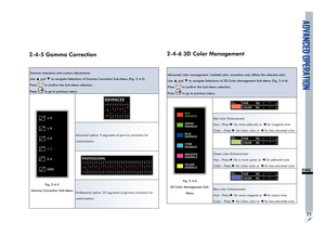 Page 39ADVANCED OPERATION
35
ENG
2-4-5 Gamma Correction
Gamma selections and custom adjustments.
Use 
▲ and ▼ to navigate Selections of Gamma Correction Sub-Menu (Fig. 2-4-5).
Press 
 to confirm the Sub-Menu selection.
Press 
 to go to previous menu.
1.0
2.4
USER
2.2
2.0
1.8
Fig. 2-4-5 
Gamma Correction Sub-Menu
ADVANCED50
0
-50
00
-251
152
03
105
126
-157
208
154
Advanced option: 9 segments of gamma correction for 
customization.
PROFESSIONAL50
0
-50
00
-251
152
03
105
126
-157
208
154...