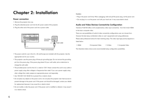 Page 106
Chapter 2: Installation
Power connection
1. Remove the projector lens cap.
2. Plug the attached power cord into the AC power socket of this projector.
3. Plug the other end of the power cord into a power outlet.
1
2
Power cord (example)Grounding
Power outlet terminal
•  The power cords for use in the U.S., UK and Europe are included with this projector. Use the 
appropriate one for your country.
•  This projector uses the power plug of three-pin grounding type. Do not remove the grounding 
pin from the...