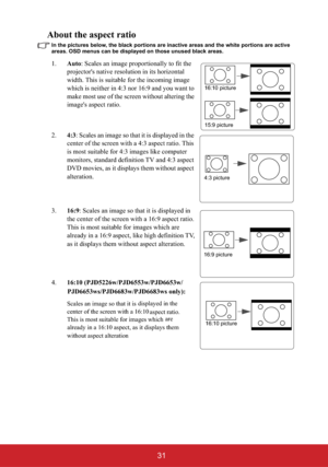 Page 3631
About the aspect ratio
In the pictures below, the black portions are inactive areas and the white portions are active 
areas. OSD menus can be displayed on those unused black areas.
1.Auto: Scales an image proportionally to fit the 
projector's native resolution in its horizontal 
width. This is suitable for the incoming image 
which is neither in 4:3 nor 16:9 and you want to 
make most use of the screen without altering the 
image's aspect ratio.
2.4:3: Scales an image so that it is displayed...