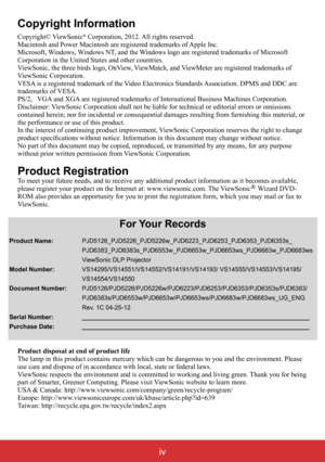 Page 5iv
Copyright Information
Copyright© ViewSonic® Corporation, 2012. All rights reserved.
Macintosh and Power Macintosh are registered trademarks of Apple Inc.
Microsoft, Windows, Windows NT, and the Windows logo are registered trademarks of Microsoft 
Corporation in the United States and other countries.
ViewSonic, the three birds logo, OnView, ViewMatch, and ViewMeter are registered trademarks of 
ViewSonic Corporation.
VESA is a registered trademark of the Video Electronics Standards Association. DPMS...