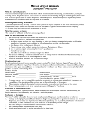 Page 57Mexico Limitey
G Warranty
VIEWSONIC® PROJECTOR
What the warry
Dnty covers:ViewSonic warrants its products to be free from defects in material and w\
orkmanship, under normal use, during the warranty period. If a product proves to be defective in material or work\
manship during the warranty period, ViewSonic will, at its sole option, repair or replace the product with a like prod\
uct. Replacement product or parts may include remanufactured or refurbished parts or components & accessories.
How long the \...