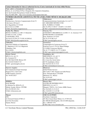 Page 58Contact Information for Sales & Authorized Service (Centro Autorizado de Servicio) within Mexico:Name, address, of manufacturer and importers:México, Av. de la Palma #8 Piso 2 Despacho 203, Corporativo Interpalmas,Col. San Fernando Huixquilucan, Estado de MéxicoTel: (55) 3605-1099     http://www.viewsonic.com/la/soporte/index.htmNÚMERO GRATIS DE ASISTENCIA TÉCNICA PARA TODO MÉXICO: 001.866.823.2004Hermosillo:Distribuciones y Servicios Computacionales SA de CV.Calle Juarez 284 local 2Col. Bugambilias C.P:...