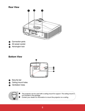 Page 13EN-8
 8
Rear View 
Connection ports
AC power socket
Kensington lock
Bottom View
Security bar 
Ceiling mount holes
Ventilation holes
132
1
2
23
1
2
3
3
1
22
3
This projector can be used with a ceiling mount for support. The ceiling mount is
not included in the package.
Contact your dealer for information to mount the projector on a ceiling. 