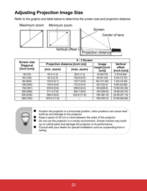 Page 27EN-22
 22
Adjusting Projection Image Size
Refer to the graphic and table below to determine the screen size and projection distance.
Screen size
Diagonal
[inch (cm)]4 : 3 Screen
Projection distance [inch (m)] Image 
height [inch 
(cm)]Vertical 
offset
 [inch (cm)] (min. zoom) (max. zoom)
30 (76) 45.3 (1.2) 50.6 (1.3) 18 (45.72) 2.70 (6.86)
60 (152) 92.2 (2.3) 102.9 (2.6) 36 (91.44) 5.40 (13.72)
80 (203) 123.5 (3.1) 137.7 (3.5) 48 (121.92) 7.20 (18.29)
100 (254) 154.8 (3.9) 172.5 (4.4) 60 (152.4) 9.00...