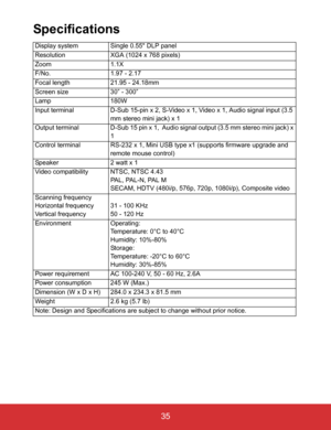 Page 40EN-35
 35
Specifications
Display system Single 0.55 DLP panel
Resolution XGA (1024 x 768 pixels)
Zoom 1.1X
F/No. 1.97 - 2.17
Focal length 21.95 - 24.18mm
Screen size 30” - 300”
Lamp 180W
Input terminal D-Sub 15-pin x 2, S-Video x 1, Video x 1, Audio signal input (3.5 
mm stereo mini jack) x 1
Output terminal D-Sub 15 pin x 1,  Audio signal output (3.5 mm stereo mini jack) x 
1
Control terminal RS-232 x 1, Mini USB type x1 (supports firmware upgrade and 
remote mouse control)
Speaker 2 watt x 1
Video...