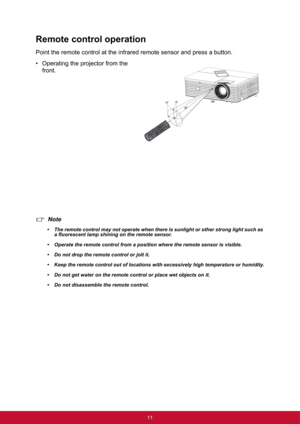 Page 1811
Remote control operation
Point the remote control at the infrared remote sensor and press a button.
• Operating the projector from the 
front.
Note
• The remote control may not operate when there is sunlight or other strong light such as 
a fluorescent lamp shining on the remote sensor.
• Operate the remote control from a position where the remote sensor is visible.
• Do not drop the remote control or jolt it.
• Keep the remote control out of locations with excessively high temperature or humidity.
•...