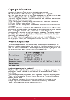 Page 5Copyright Information
Copyright © ViewSonic®
 Corporation, 2013. All rights reserved.
Macintosh and Power Macintosh are registered trademarks of Apple Inc.
Microsoft, Windows, Windows NT, and the Windows logo are registered trademarks 
of Microsoft Corporation in the United States and other countries.
ViewSonic, the three birds logo, OnView, ViewMatch, and ViewMeter are registered 
trademarks of ViewSonic Corporation.
VESA is a registered trademark of the Video Electronics Standards Association. 
DPMS...