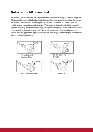 Page 6v
Notes on the AC power cord
AC Power Cord must meet the requirement of countries where you use this projector. 
Please confirm your AC plug type with the graphics below and ensure that the proper 
AC Power Cord is used. If the supplied AC Power Cord does not match your AC 
outlet, please contact your sales dealer. This projector is equipped with a grounding 
type AC line plug. Please ensure that your outlet fits the plug. Do not defeat the safety 
purpose of this grounding type plug. We highly recommend...