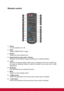 Page 147
Remote control
1. Power
Turn the projector on or off.
2. VGA1
Display COMPUTER IN 1 signal.
3. Source
Display the source selection bar.
4. Keystone/Arrow keys ( /Up,  /Down)
Manually correct distorted images resulting from an angled projection.
5. Left
When the On-Screen Display (OSD) menu is activated, the #4, #5, and #20 keys
are used as directional arrows to select the desired menu items and to make
adjustments.
6. My Button
User definable key for customized function
7. Menu
Display on-screen...