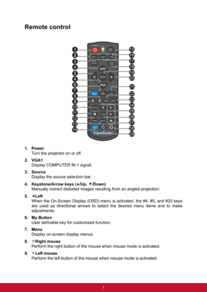 Page 147
Remote control
1. Power
Turn the projector on or off.
2. VGA1
Display COMPUTER IN 1 signal.
3. Source
Display the source selection bar.
4. Keystone/Arrow keys ( /Up,  /Down)
Manually correct distorted images resulting from an angled projection.
5. Left
When the On-Screen Display (OSD) menu is activated, the #4, #5, and #20 keys
are used as directional arrows to select the desired menu items and to make
adjustments.
6. My Button
User definable key for customized function
7. Menu
Display on-screen...