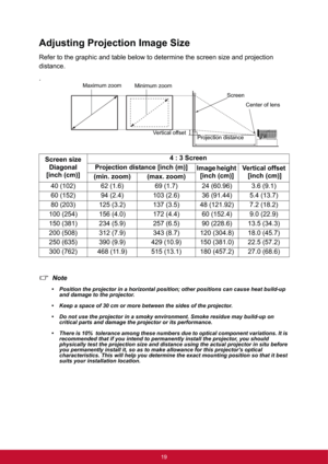 Page 2619
Adjusting Projection Image Size
Refer to the graphic and table below to determine the screen size and projection 
distance.
.
Note
• Position the projector in a horizontal position; other positions can cause heat build-up 
and damage to the projector.
• Keep a space of 30 cm or more between the sides of the projector.
• Do not use the projector in a smoky environment. Smoke residue may build-up on 
critical parts and damage the projector or its performance.
• There is 10%  tolerance among these...