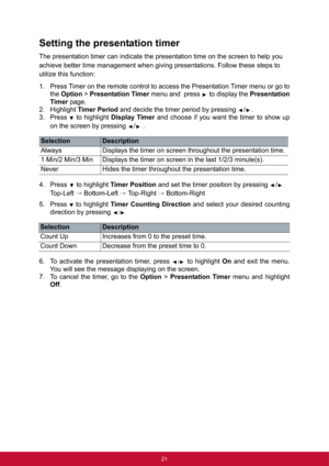 Page 2821
Setting the presentation timer
The presentation timer can indicate the presentation time on the screen to help you 
achieve better time management when giving presentations. Follow these steps to 
utilize this function:
1. Press Timer on the remote control to access the Presentation Timer menu or go to
theOption > Presentation Timer menu and  press   to display the Presentation
Timer page.
2. Highlight Timer Period and decide the timer period by pressing  / .
3. Press to highlight Display Timer and...