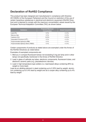 Page 4Declaration of RoHS2 Compliance
This product has been designed and manufactured in compliance with Directive 
2011/65/EU of the European Parliament and the Council on restriction of the use of 
certain hazardous substances in electrical and electronic equipment (RoHS2 Direc-
tive) and is deemed to comply with the maximum concentration values issued by the 
European Technical Adaptation Committee (TAC) as shown below:
SubstanceProposed Maximum
ConcentrationActual Concentration
Lead (Pb) 0.1% < 0.1%...