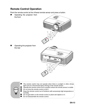 Page 16EN-13
Remote Control Operation
Point the remote control at the infrared remote sensor and press a button.
„Operating the projector from
the front
„Operating the projector from 
the rear
1015
7m
5m
5m
1015
7m5m
5m
„The remote control may not operate when there is sunlight or other strong
light such as a fluorescent lamp shining on the remote sensor.
„Operate the remote control from a position where the remote sensor is visible.„Do not drop the remote control or jolt it.„Keep the remote control out of...