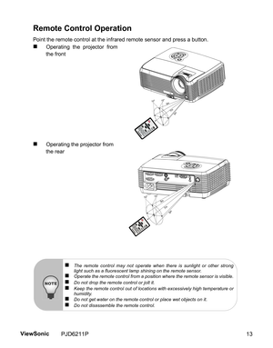 Page 15
Remote Control Operation
Point the remote control at the infrared remote sensor and press a button.
„Operating the projector from
the front
„Operating the projector from 
the rear
1015
7m5m
5m
1510
7m5m
5m
„The remote control may not operate when there is sunlight or other strong
light such as a fluorescent lamp shining on the remote sensor.
„Operate the remote control from a position where the remote sensor is visible.„Do not drop the remote control or jolt it.„Keep the remote control out of locations...