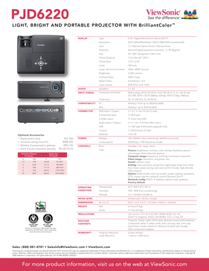 Page 2PJD6220
LIGHT, BRIGHT AND PORTABLE PROJECTOR WITH BrilliantColor™
For more product information, visit us on the web at ViewSonic.com
Sales: (888) 881-8781 • SalesInfo@ViewSonic.com • ViewSonic.com
*Running eco-mode exclusively can extend lamp life. DLP® and the DLP logo are registered trademarks of Texas Instruments and BrilliantColor™ is a trademark of Texas Instruments. Specifications subject to change without notice. Selection, offers and programs may vary by country; see your ViewSonic representative...