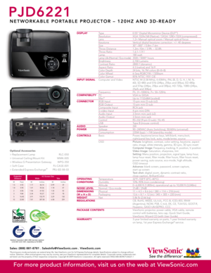 Page 2
Sales: (888) 881-8781 . SalesInfo@ViewSonic.com . ViewSonic.com
*Running eco-mode exclusively can extend lamp life. See ViewSonic.com for full Express Exchange details. Specifications subject to change without notice. Selection, offers and programs may vary by country; see your ViewSonic representative for complete details. Corporate names, trademarks stat-ed herein are the property of their respective companies. Copyright © 2009 ViewSonic Corporation. All rights reserved [14502-00B-08/09] PJD6221-1...