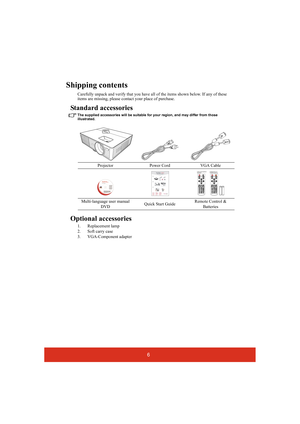 Page 116
Shipping contents
Carefully unpack and verify that you have all of the items shown below. If any of these 
items are missing, please contact your place of purchase.
Standard accessories
The supplied accessories will be suitable for your region, and may differ from those 
illustrated.
Optional accessories
1. Replacement lamp
2. Soft carry case
3. VGA-Component adapterProjector Power Cord VGA Cable
Multi-language user manual 
DVDQuick Start GuideRemote Control & 
Batteries
PJD5123p/PJD6223/...