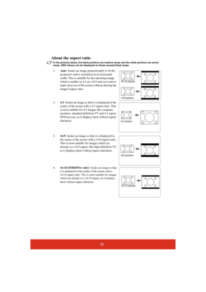 Page 3732
About the aspect ratio
In the pictures below, the black portions are inactive areas and the white portions are active 
areas. OSD menus can be displayed on those unused black areas.
1.Auto: Scales an image proportionally to fit the 
projectors native resolution in its horizontal 
width. This is suitable for the incoming image 
which is neither in 4:3 nor 16:9 and you want to 
make most use of the screen without altering the 
images aspect ratio.
2.4:3: Scales an image so that it is displayed in the...