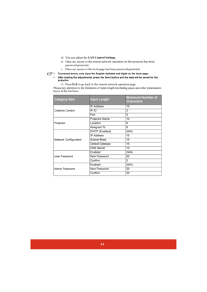 Page 4944
iii. You can adjust the LAN Control Settings.
iv. Once set, access to the remote network operation on this projector has been 
password-protected.
v. Once set, access to the tools page has been password-protected.
• To prevent errors, only input the English alphabet and digits on the tools page.
• After making the adjustments, press the Send button and the data will be saved for the 
projector.
vi. Press Exit to go back to the remote network operation page.
Please pay attention to the limitation of...