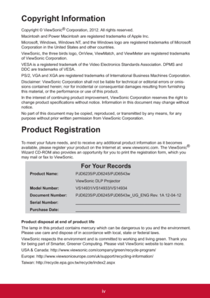 Page 5iv
Copyright Information
Copyright © ViewSonic®
 Corporation, 2012. All rights reserved.
Macintosh and Power Macintosh are registered trademarks of Apple Inc.
Microsoft, Windows, Windows NT, and the Windows logo are registered trademarks of Microsoft 
Corporation in the United States and other countries.
ViewSonic, the three birds logo, OnView, ViewMatch, and ViewMeter are registered trademarks 
of ViewSonic Corporation.
VESA is a registered trademark of the Video Electronics Standards Association. DPMS...