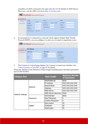 Page 4641
controllers of AMX connected to the same network. For the Details of AMX Device 
Discovery, visit the AMX web site at http://www.amx.com/.
4. If your projector is connected to a network which supports Simple Mail Transfer 
Protocol (SMTP), you can configure it to alert you via email on significant events.
5. The Crestron (e-Control) page displays the Crestron e-Control user interface. See 
"About Crestron e-Control®" on page 42 for details. 
Please pay attention to the limitation of input...